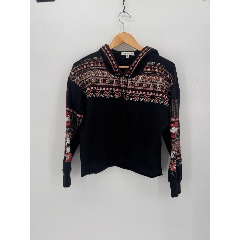 Woven Heart Women's Embroidered Cropped L/S Hoodie Pockets Sweatshirt Size M
